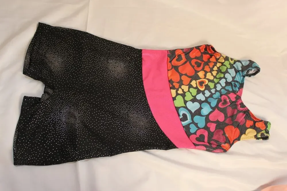 Kids Girls Gymnastics Leotard Unitard Bikershorts Rainbow Hearts Black Sparkle 7